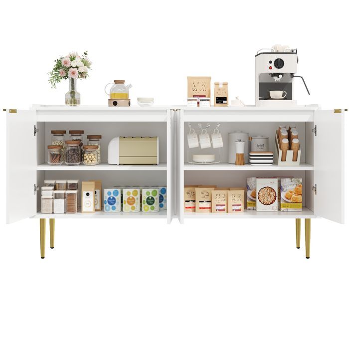 Aparador moderno blanco de 140 cm, mueble de comedor con espacio de almacenamiento y 4 puertas, estantes ajustables, patas de metal dorado.