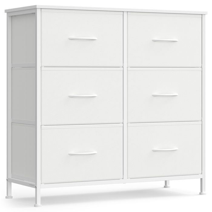 Cómoda SONGMICS de 6 cajones, mueble de almacenamiento para dormitorio, acero, panel de MDF, tela no tejida, blanco nube y blanco nieve.