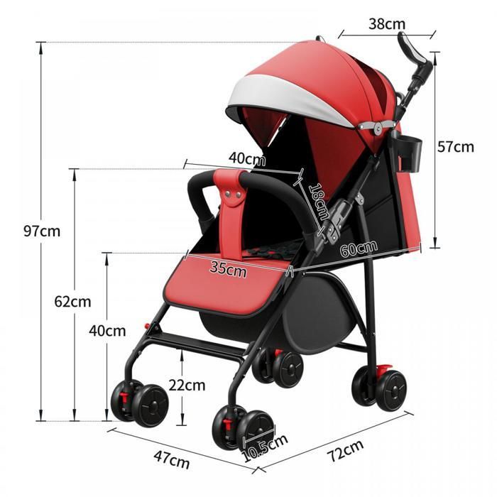 Poussette canne - XUANYU -Jusqu'à 22 kg,Inclinable,Pliable avec Porte-Gobelet, Habillage Pluie,Panier Course XL - Rouge