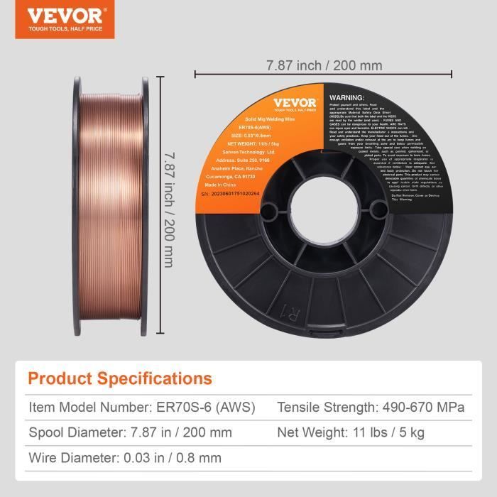 Alambre para soldadura - VEVOR - Alambre para soldadura MIG Sólido ER70S-6 Acero dulce 0,8 mm 5 kg
