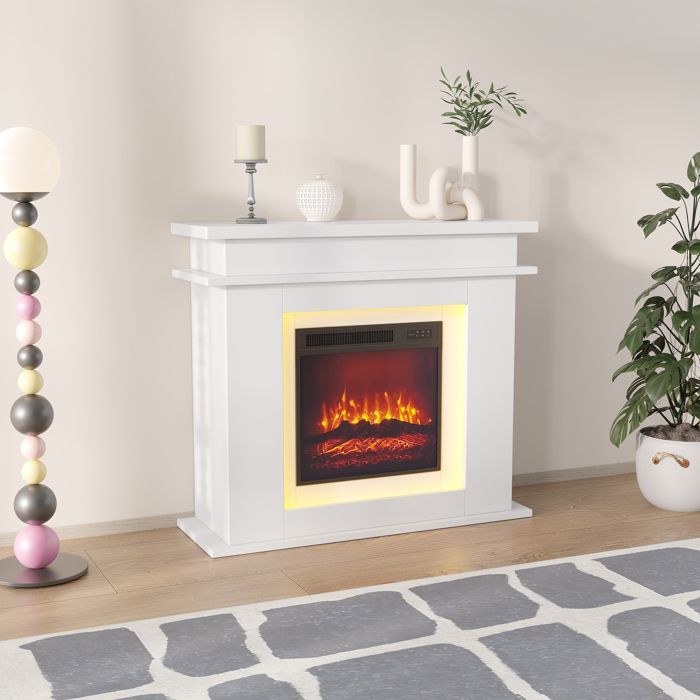 Weißer Elektrokamin mit Kaminsims – 101 x 34,5 x 88,8 cm – AMBIANCE – Realistische 3D-Flamme & farbige LED – Zusatzheizung