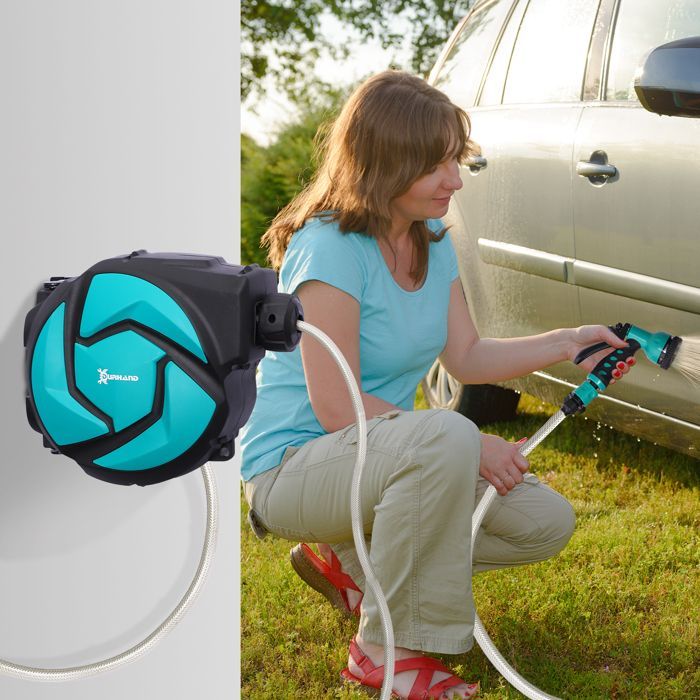 Wandmontierte Schlauchtrommel – Outsunny – 180° schwenkbare automatische Trommel mit 10+1 m Schlauch und Sprühdüse – Kunststoff – Türkisschwarz