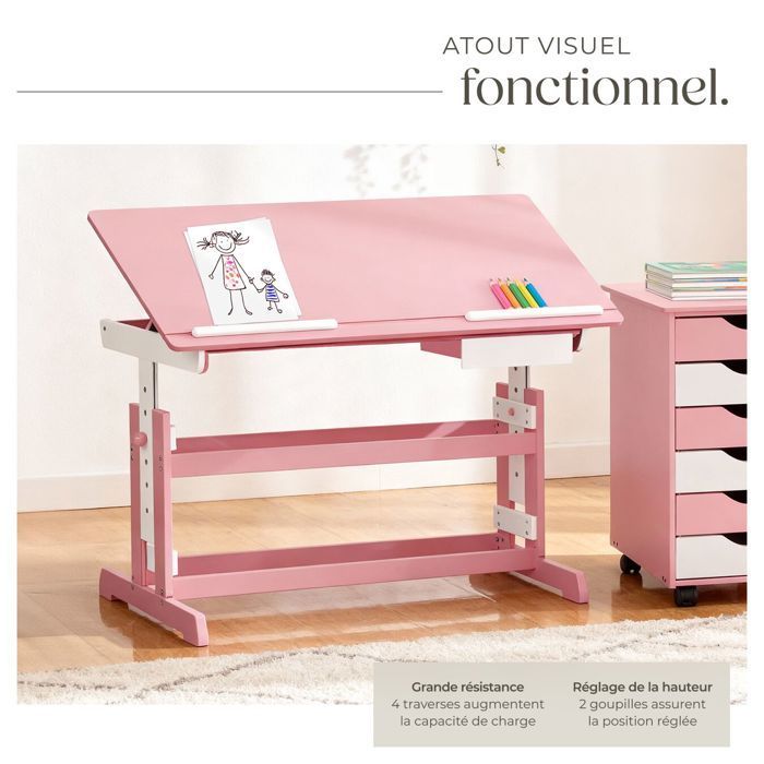 ESCRITORIO INFANTIL - TECTAKE - Escritorio infantil regulable en altura e inclinación de 109 cm x 55 cm x 94 cm + cajón de almacenamiento - Rosa brillante