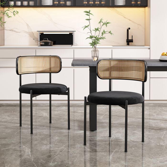 MODFU Juego de 2 sillas de comedor de terciopelo y ratán con patas de metal. Modernas y sencillas para el salón. Negras.