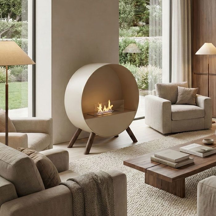 Venere - Chimenea de bioetanol sobre soporte de 60x72x30 cm con quemador de 1 litro y patas de madera de pino color topo.