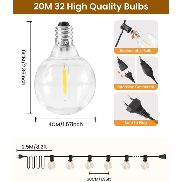 Guirnalda de luces LED para exteriores de 20 m/30 m - 30+2 bombillas G40, Plug&Play, irrompible, conectable [Blanco cálido]