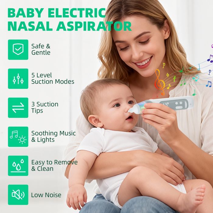 Aspiratore nasale elettrico per neonati, con 5 livelli di aspirazione e 3 punte in silicone, musica e luce.