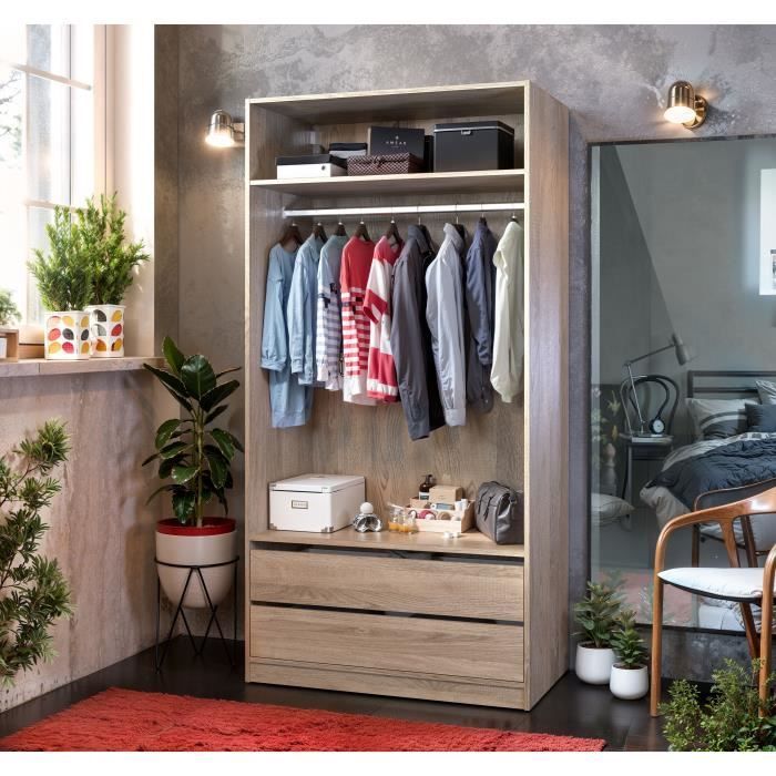 Dressing - Décor Chêne - 2 tiroirs - 2 étagères - 1 tringle - L100 x P57 x H200 cm