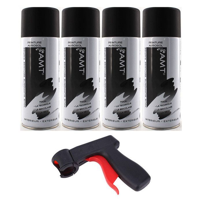 4 botes de pintura en aerosol negro mate de 330 ml - AMT + pistola pulverizadora