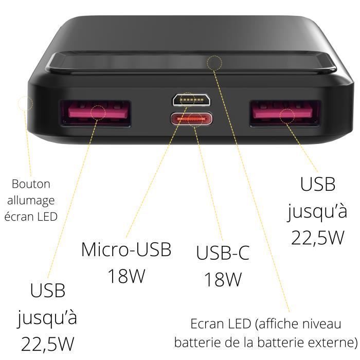 Batería externa de 10000 mAh con carga rápida USB, USB-C y micro-USB y pantalla LED - Phonillico®