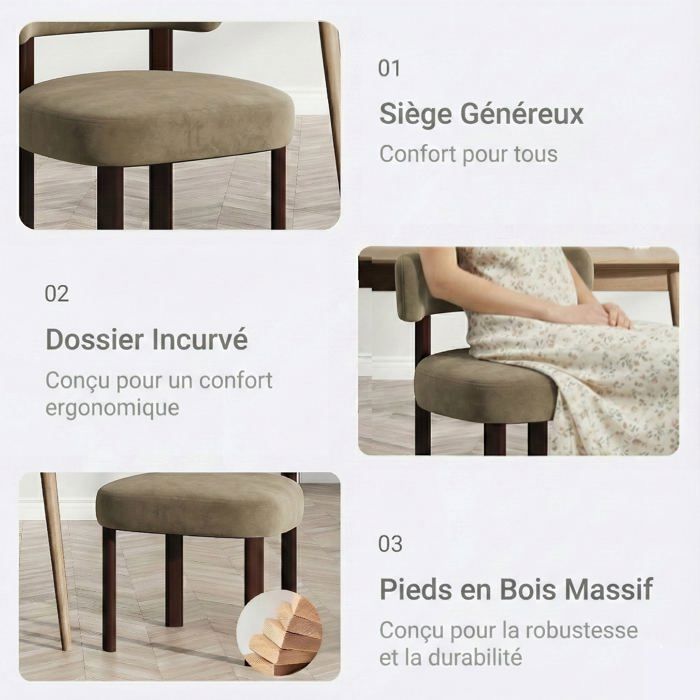 COLAMY Chaise - Lot 2 chaises latérales en bois, chaises de cuisine vintage style ferme avec dossier ouvert incurvé - Kaki