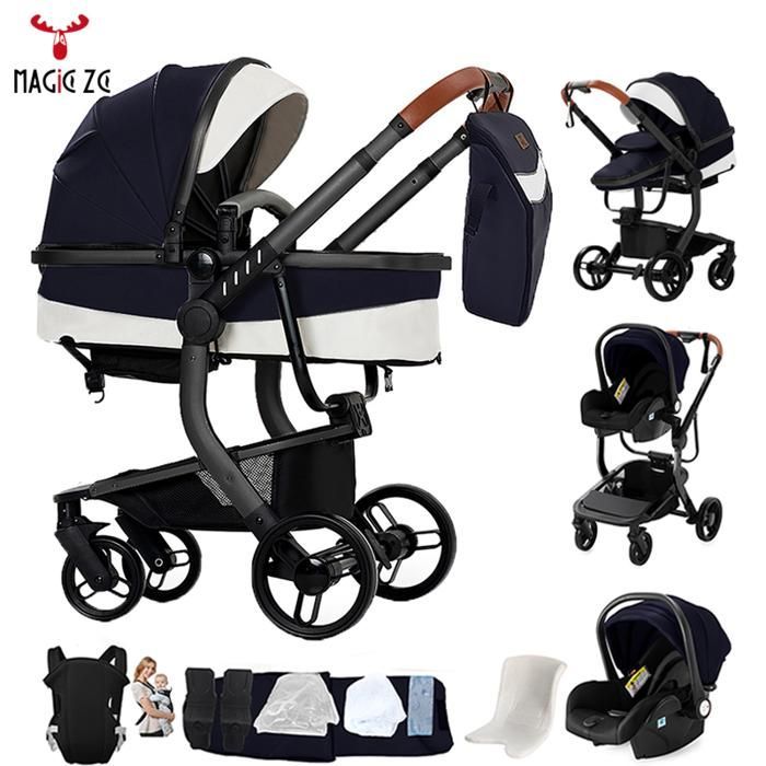Magic ZC Babywandelwagen, waterdicht PU-leer, 3-in-1 wandelwagen, reissysteem, combinatiewandelwagen, grote opbergruimte