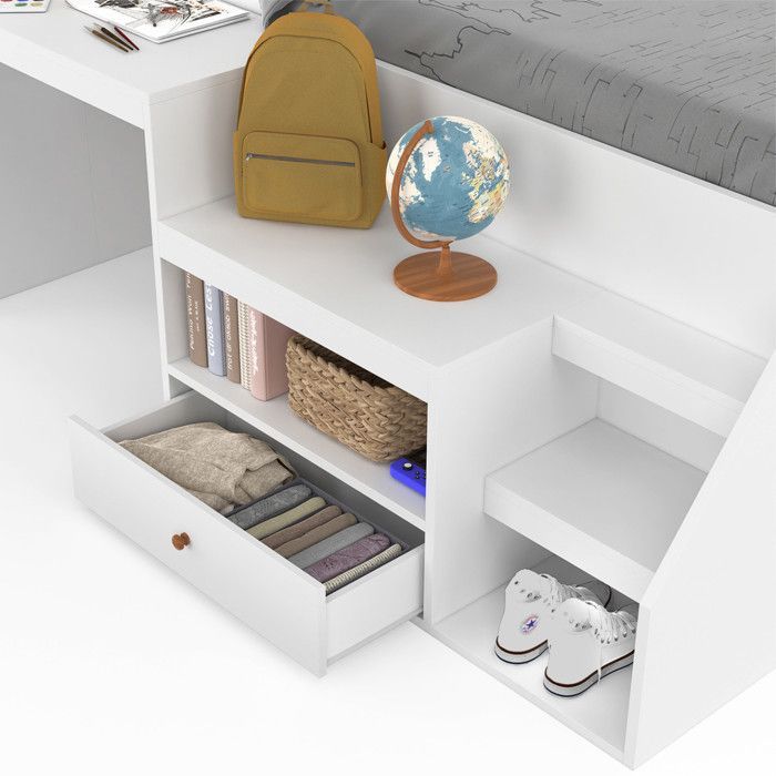 IDMARKET LEOPOLD 90 x 190 cm White Combination Bed with Slatted Base, Desk and Storage