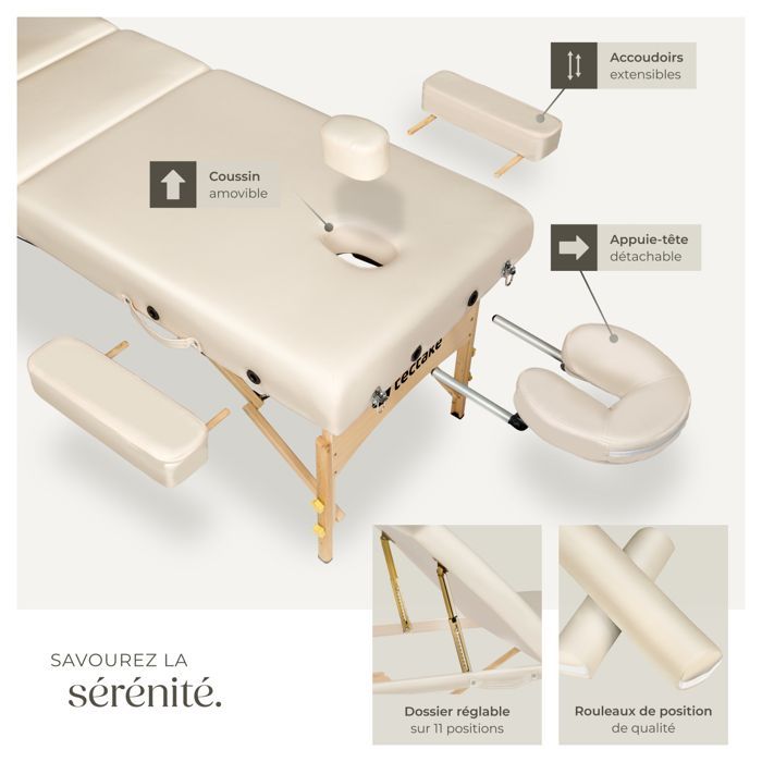 Camilla de masaje - TECTAKE - SOMWANG Camilla de tratamiento plegable y portátil de 3 secciones con estructura de madera 218 x 102 x 90 cm - Beige