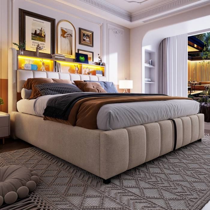 Cama hidráulica con almacenamiento de 180x200 cm. Cama para adultos. Cama doble tapizada en lino con iluminación LED, puerto USB y espacio de almacenamiento - beige.