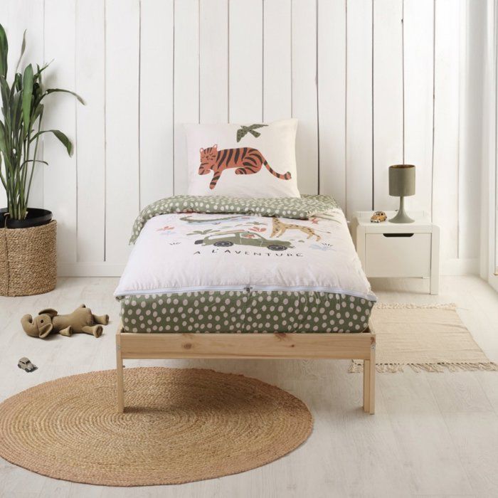 Parure de Lit Enfant Rechange Caradou® Jungle Vert clair en Coton 3 pièces: Couchage tout-en-un sans couette - 90x190cm - BLEU