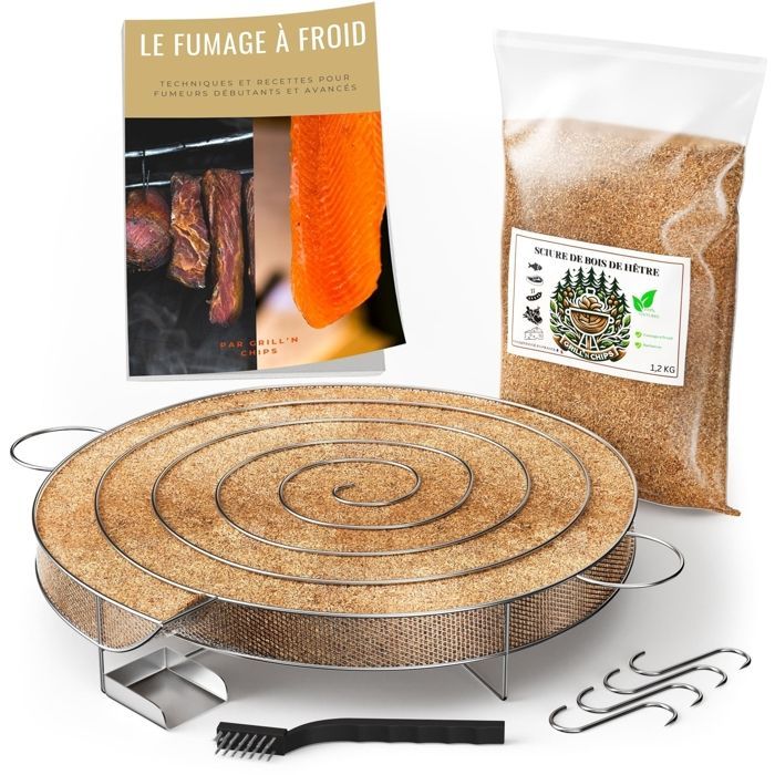 Generador de humo frío de 30 cm para ahumador + 1,2 kg de serrín de haya, 4 ganchos y cepillo.