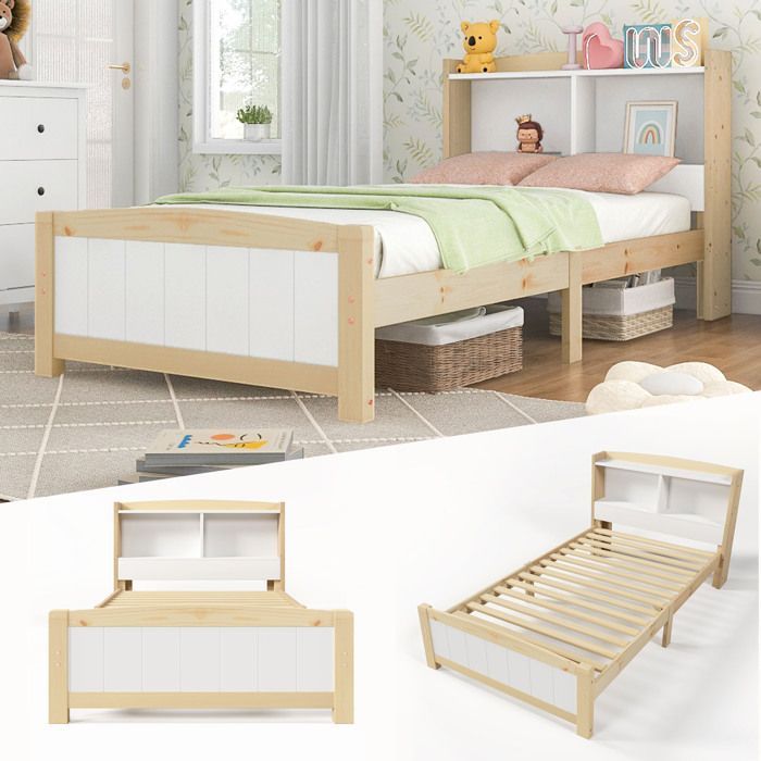 Lit Enfant en Bois Massif 90x200cm avec Matelas, Cadre de Lit avec Sommier à Lattes en Pin, Lit 1 Personne, Naturel et Blanc