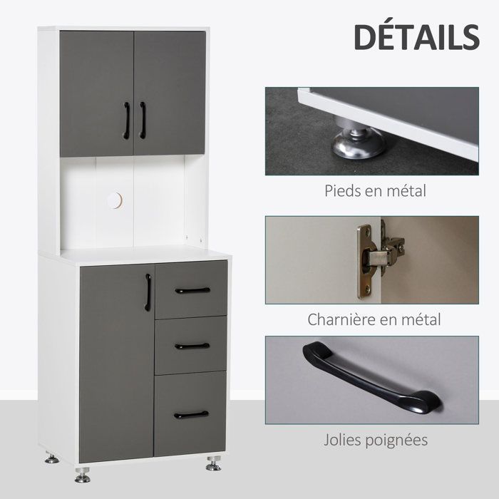 Aparador alto - HOMCOM - mueble de cocina con 3 puertas y 3 cajones, encimera - madera - 60x40x160cm - gris