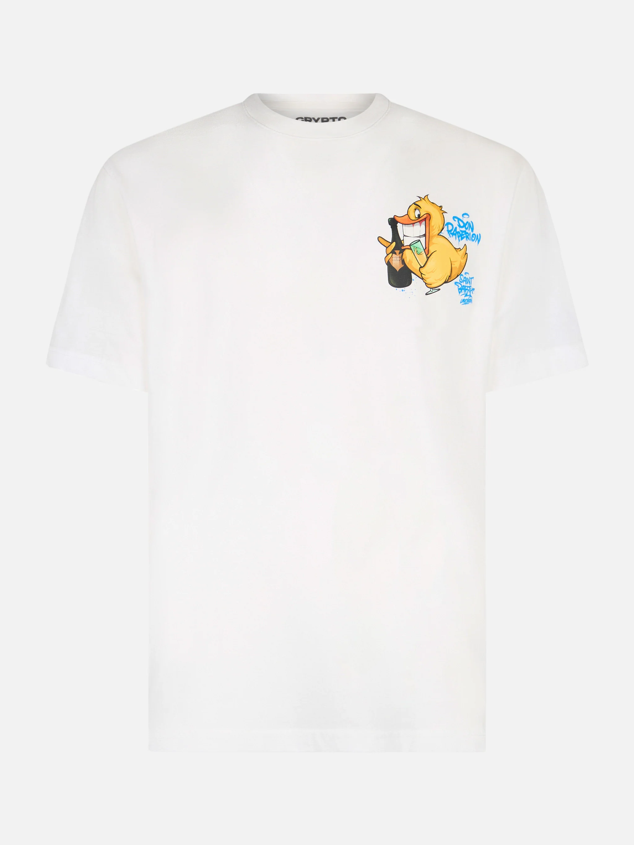 Heren katoenen T-shirt met Cryptopup-print op de voor- en achterkant.