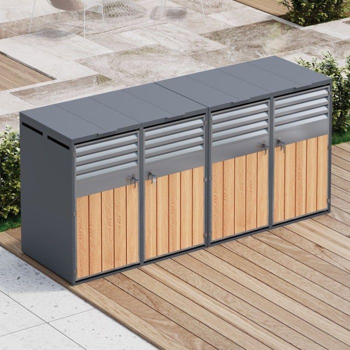 Cache-poubelle - LANGTU - XL 4 conteneurs - Acier galvanisé - Couvercle à vérin - Effet bois gris