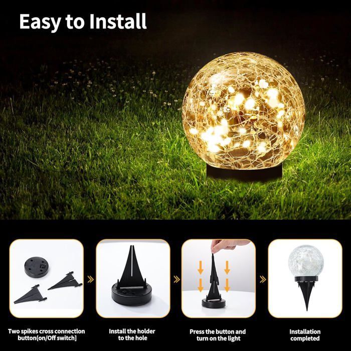Luces solares exteriores impermeables - 0,5 W IP44 - Esferas solares para jardín, esferas de vidrio agrietado - 10 cm