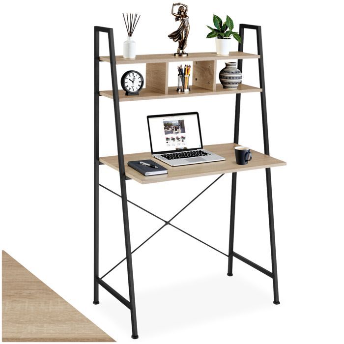 Bureau - TECTAKE - Table de bureau EXETER en bois et acier 85,5 x 46,5 x 140 cm - Bois clair