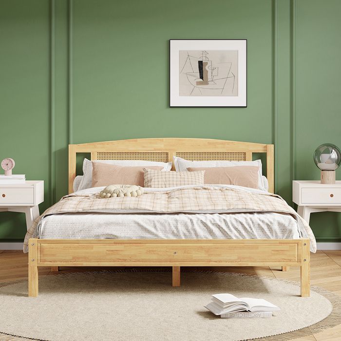 Lit adulte 160x200cm Lit double - avec lattes et pieds centraux - SWEIKO - pin + rotin PE Naturel