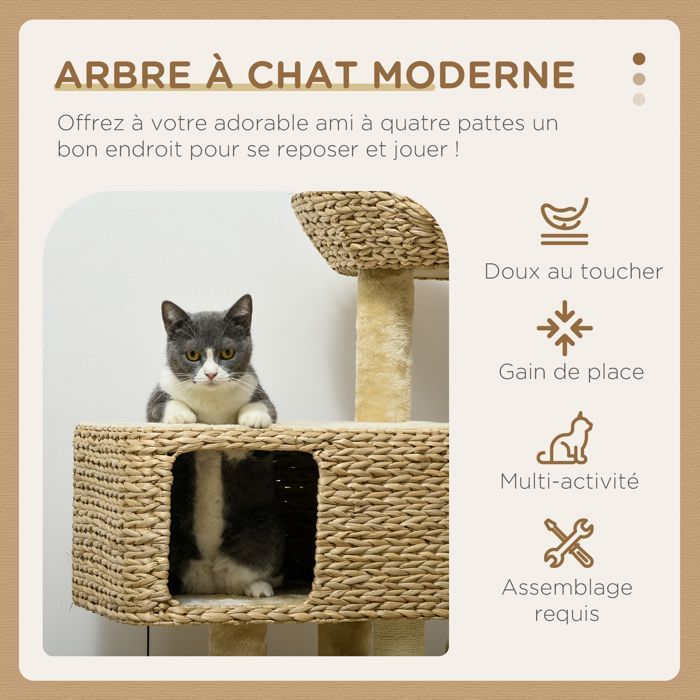 Árbol para gatos PawHut: rascador, guarida, cesta, plataformas de observación, centro con pompón, de felpa, 98 cm de altura, color beige.
