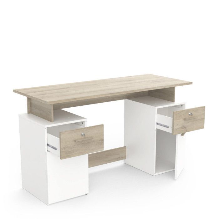 Bureau avec rangements - PLATON - Chêne / blanc mat - L134,8 x P55 x H76,4 cm - DEMEYRE
