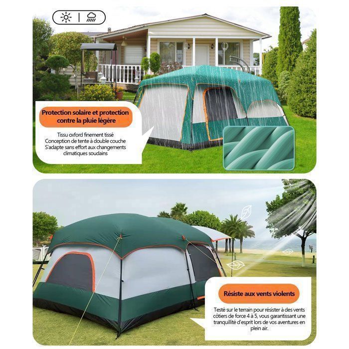 5 à 6 Personnes,Tente de Camping,Tente familiale avec 1Salon et 2Chambre,310*210*180CM,imperméable PU2000 mm camping familiale Bleu