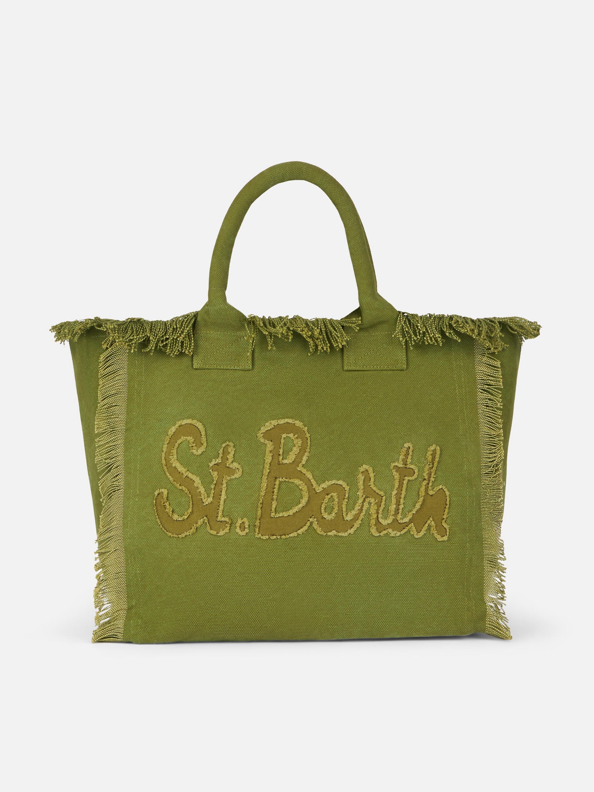 Vanity katoenen canvas draagtas met franjes | Militair groen | Saint Barth signature patch logo | Binnenvak met rits | MC2 Saint Barth