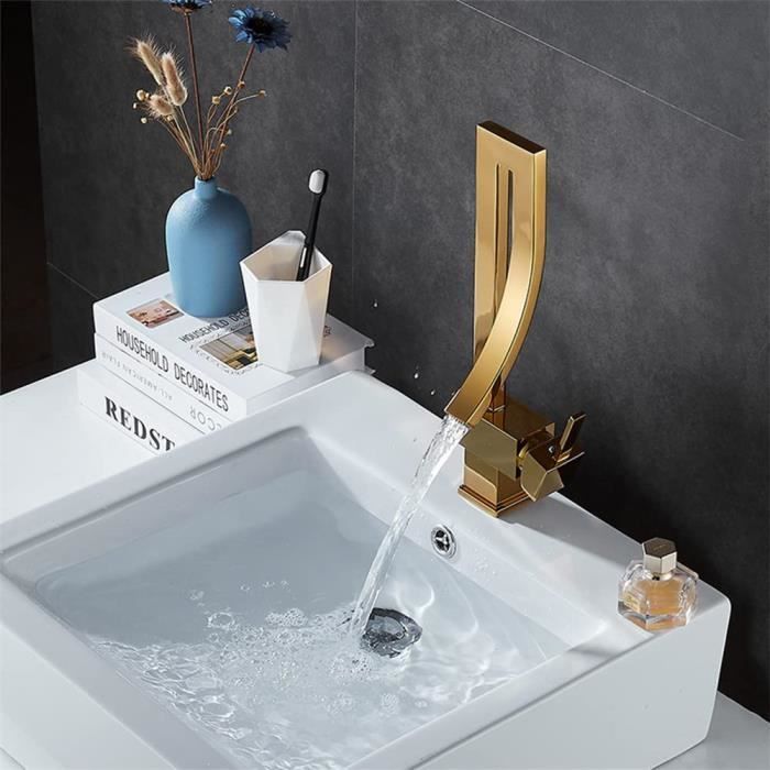 Robinet de salle de bain - JORMFTTE - Mitigeur lavabo - Laiton doré - Pivotant 360° - Eau chaude et froide
