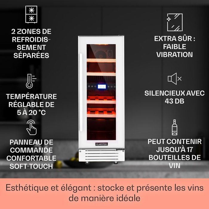 Klarstein Vinovilla 17 Dual-Zone Refrigerated Wine Cooler, 53 Liters / 17 Bottles - 4 Wooden Shelves - White