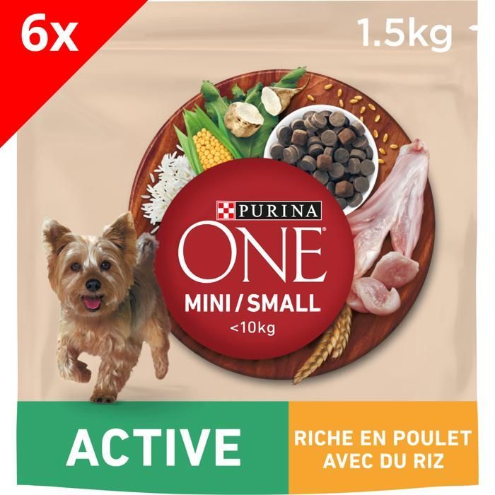 PURINA ONE MINI Active - Rico en pollo, con arroz - 6 x 1,5 kg - Croquetas para perros pequeños y activos (1-10 kg)