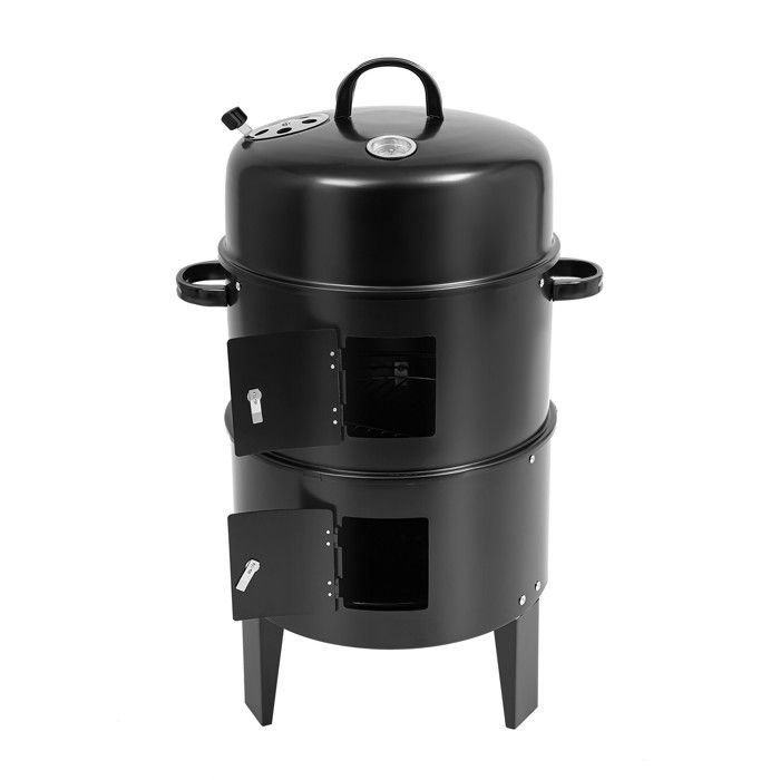 Fumoir 3 en 1 - Barbecue au charbon de bois - Intensité du vent réglable avec thermomètre - Fonction chauffante à double couche