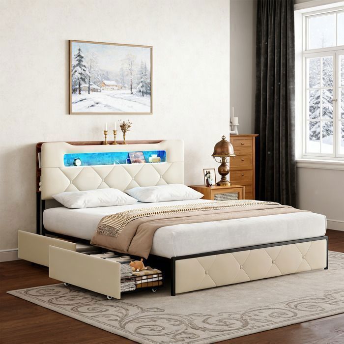 Lit 140x190 cm avec sommier à lattes, LED, cadre de lit double 140x190 avec rangement, tissu en velours beige, 2 places