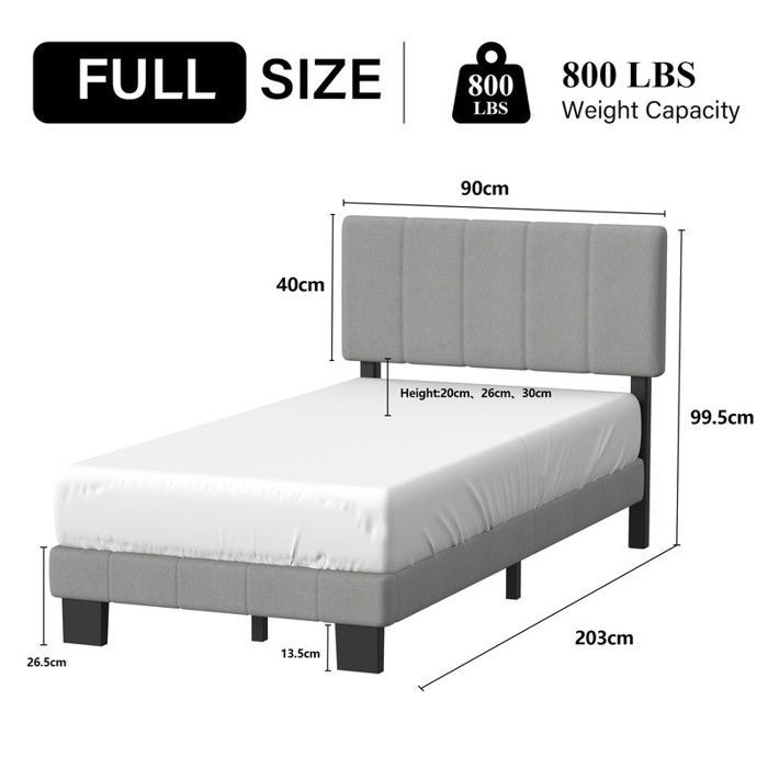 Estructura de cama de 90x200 cm con somier de láminas metálicas, cabecero y tapizado, robusta estructura individual, fácil montaje.