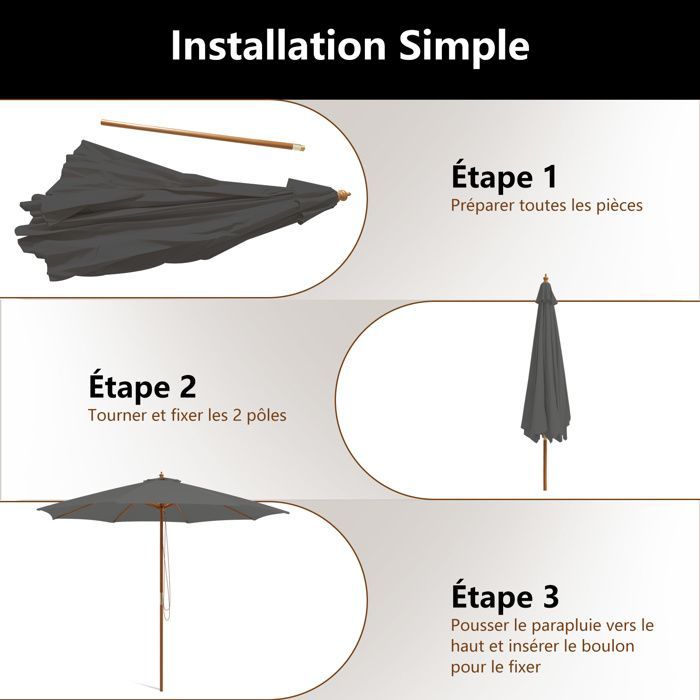 COSTWAY Parasol de Terrasse en Bois de 300 cm, avec 8 Baleines en Bambou, 3 Hauteurs Réglables, Poulie de Levage à Corde, Gris