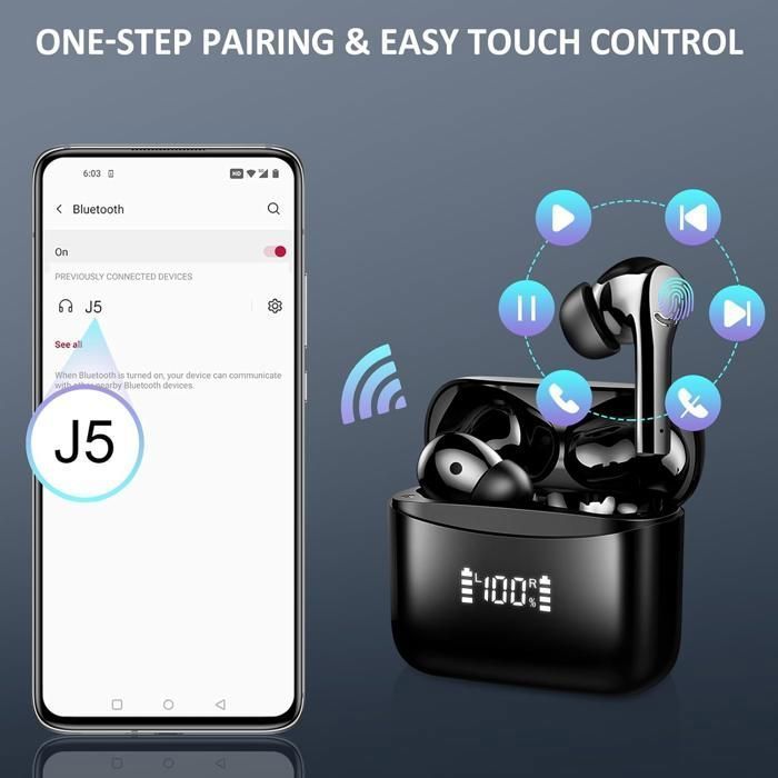 Ecouteur Sans Fil Réduction du Bruit ANC et ENC TOPESCT Casque Bluetooth 5.3 Écran LED Étanche IP7 35H d'Autonomie Son Stéréo