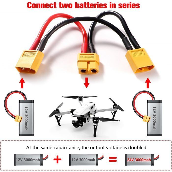 Set mit 2 XT60 Serie 2 Lipo-Adapterkabeln – Spannungsverstärkung – Stecker/Buchse – Für RC-Dynamikmodellierung