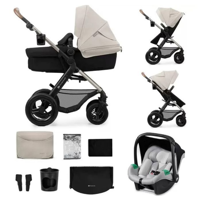 Passeggino combinato Kinderkraft MOOV2 4 in 1, include seggiolino auto con base i-Size, sistema da viaggio, ruote grandi, grigio.