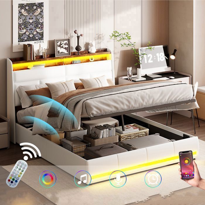 Lit 160x200 cm - LED - tissu en PU - cadre de lit adulte - lit adulte 160x200 cm - 160x200 cm - Blanc