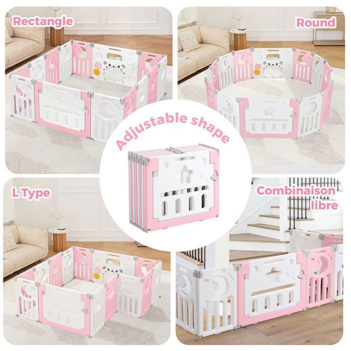 Parc Bebe 12+2 Panneaux, Parc XL Enfant Modulable Avec Verrouillage de Sécurité, Forme Réglable, Pliable, Barriere Bebe, Rose