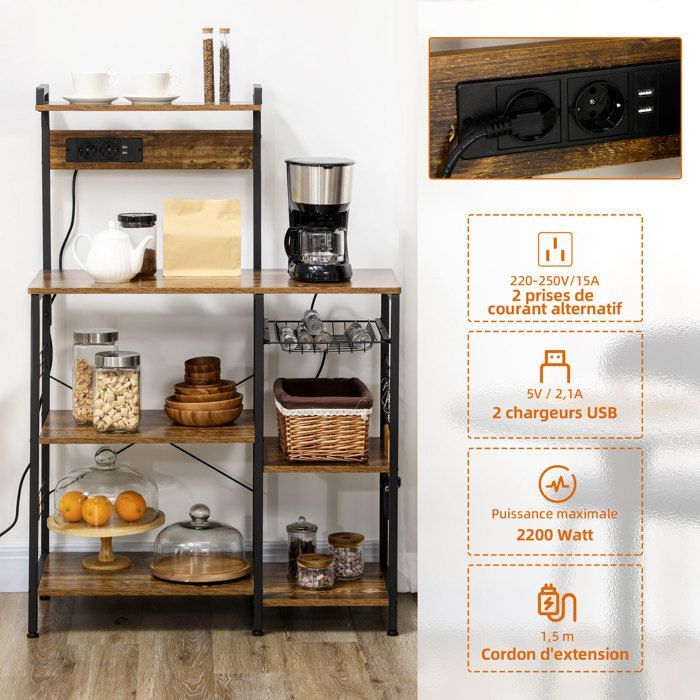 Etagère de cuisine avec prises intégrées, armoire de cuisine pour micro-ondes avec étagères et panier en maille, industriel, marron