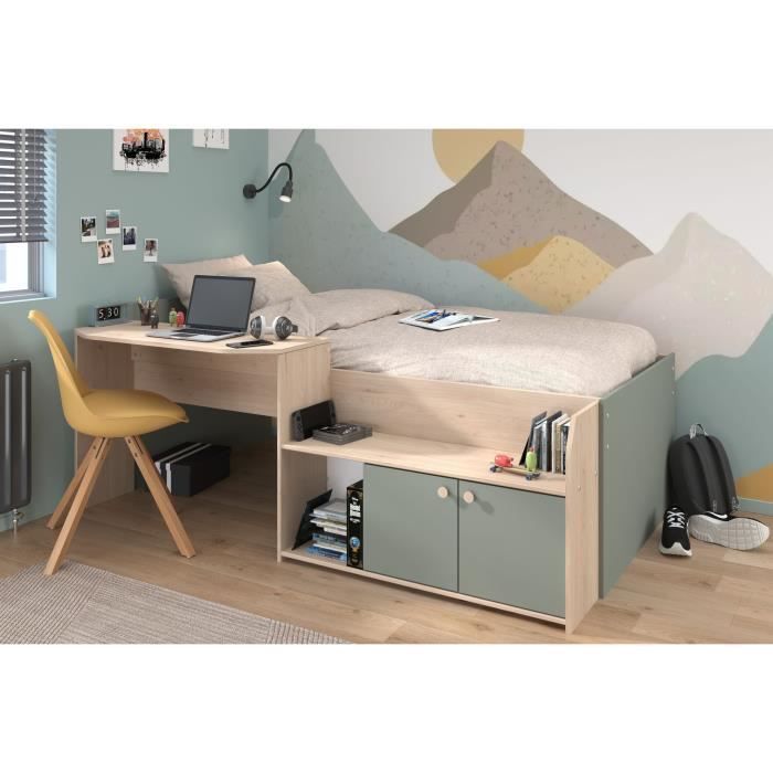 Letto combinato per bambini JADE 90x190/200 cm - Rovere / Verde celadon - Scrivania e contenitore - PARISOT