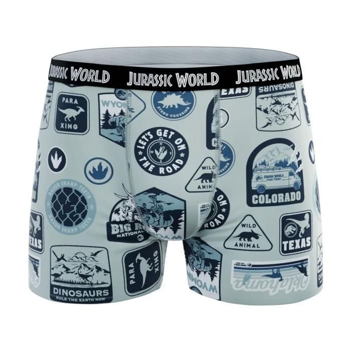 Pacote com 4 cuecas boxer infantis 100% algodão com estampa de Jurassic Park.