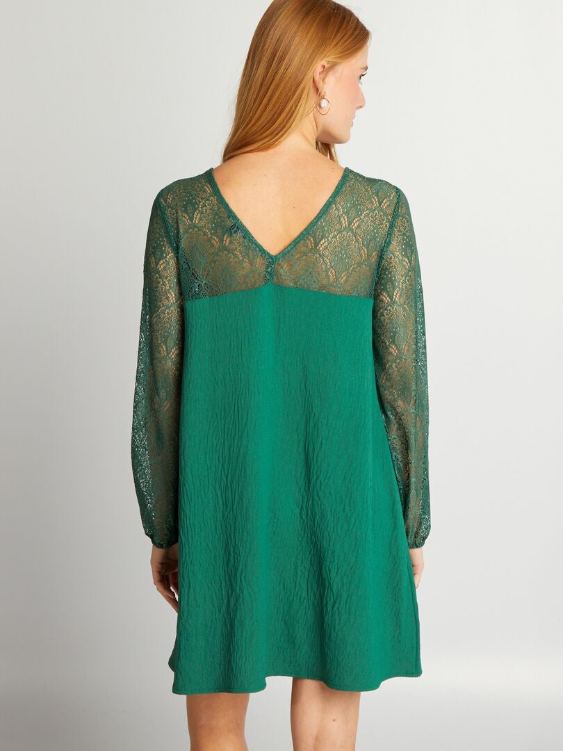 Vestido corto de crepé y encaje - VERDE