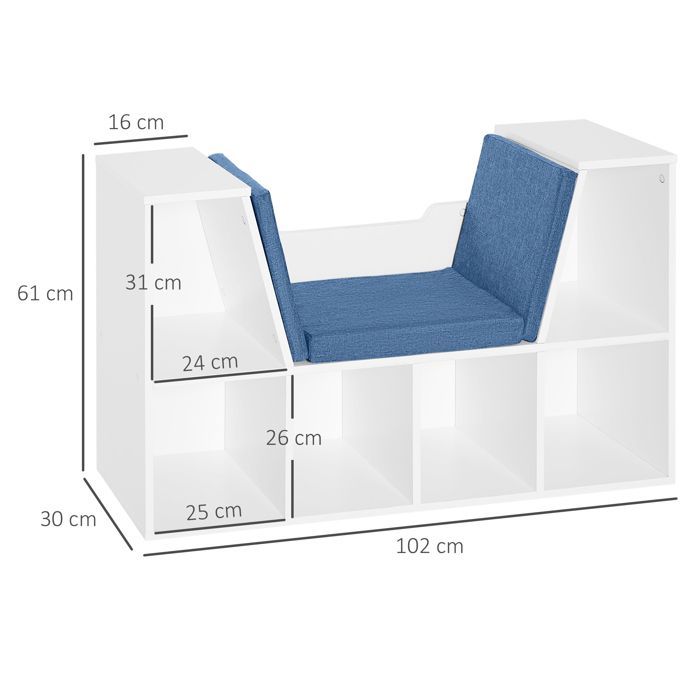 Banco-estantería 2 en 1 - HOMCOM - Estantería cúbica de 6 compartimentos, mueble de almacenamiento para salón - Madera - 102x30x61cm - Azul