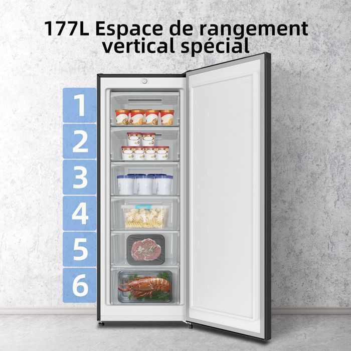 CHiQ Upright Freezer CSD208D4E 177L, 4-Shelf Freezer, 39 dB, Black Steel Design, Adjustable Feet, Reversible Door